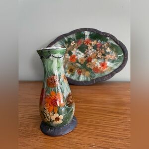 Vintage Pressed Flower Tray And Candleholder Decor Floral 2-Piece Set Beautiful